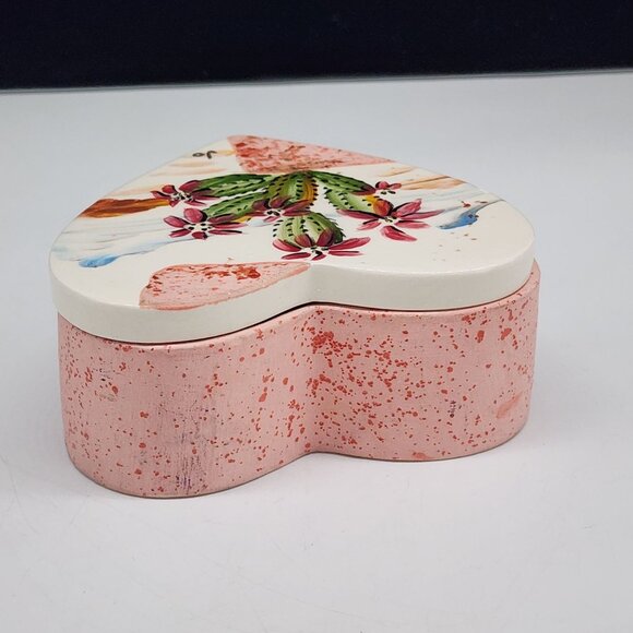 Hand Painted Heart Shaped Ceramic Trinket Box With Cactus & Flowers Design - Picture 8 of 9